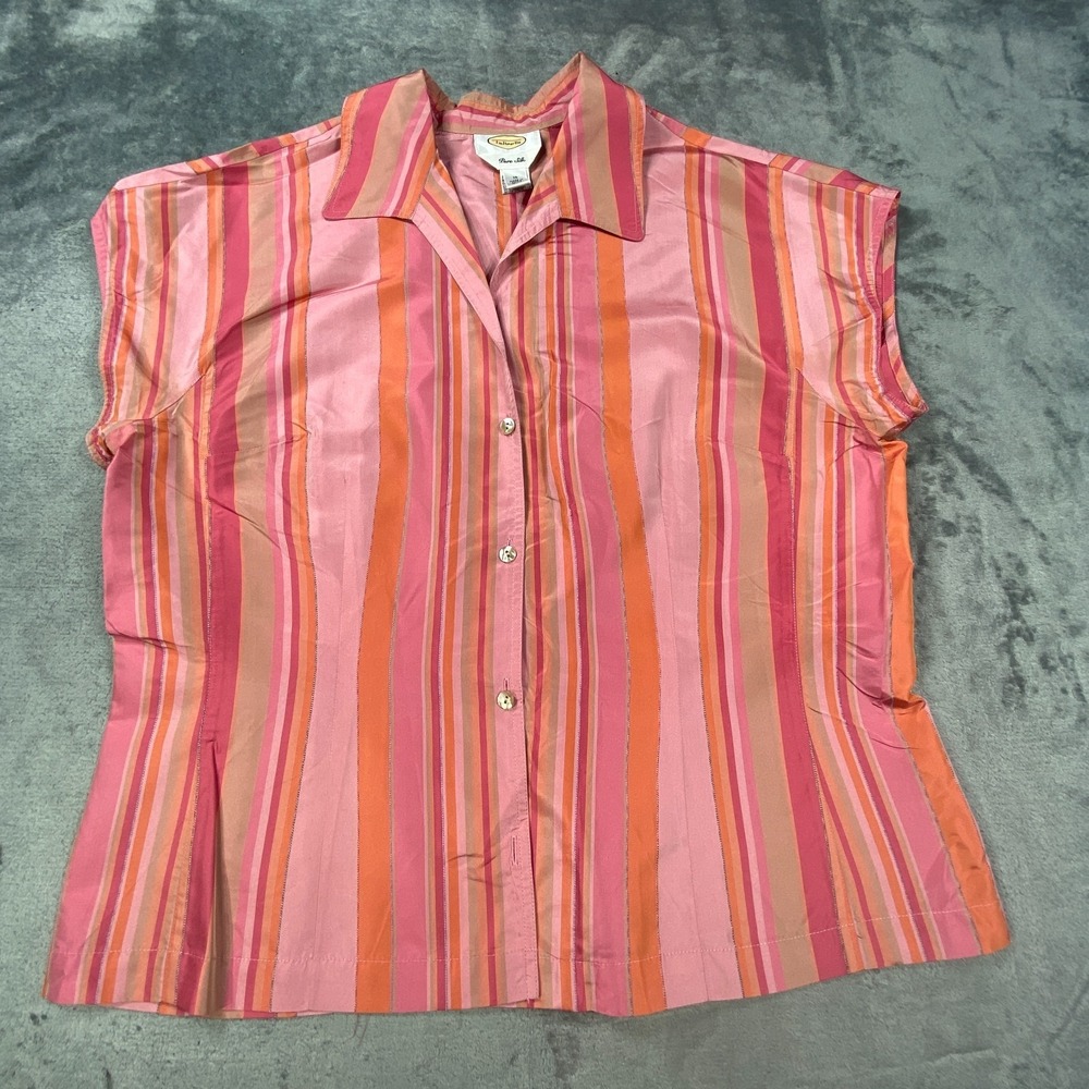 VINTAGE Talbots Blouse Size 16 Pure 100% Silk Short Sleeve Button Shirt Striped
